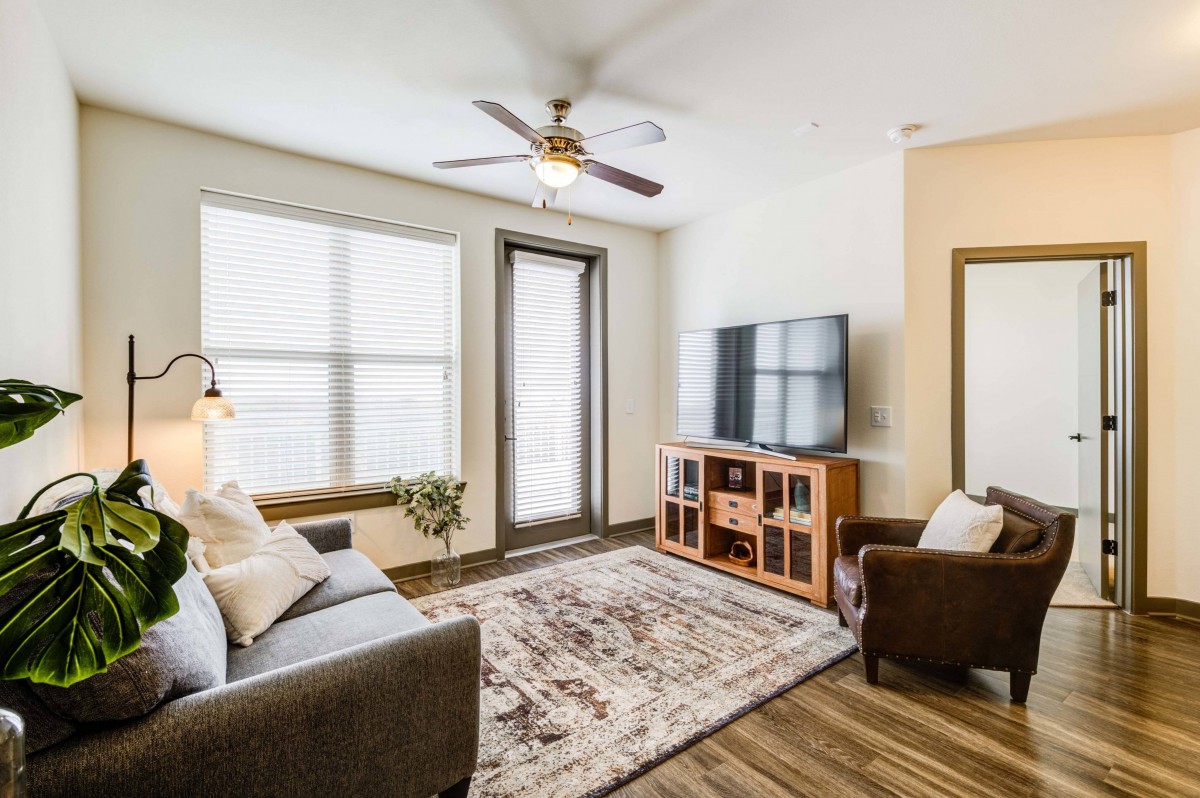 A cozy living room featuring a sofa, armchair, and a large TV on a wooden cabinet. A patterned rug covers the floor and natural light streams through the windows.