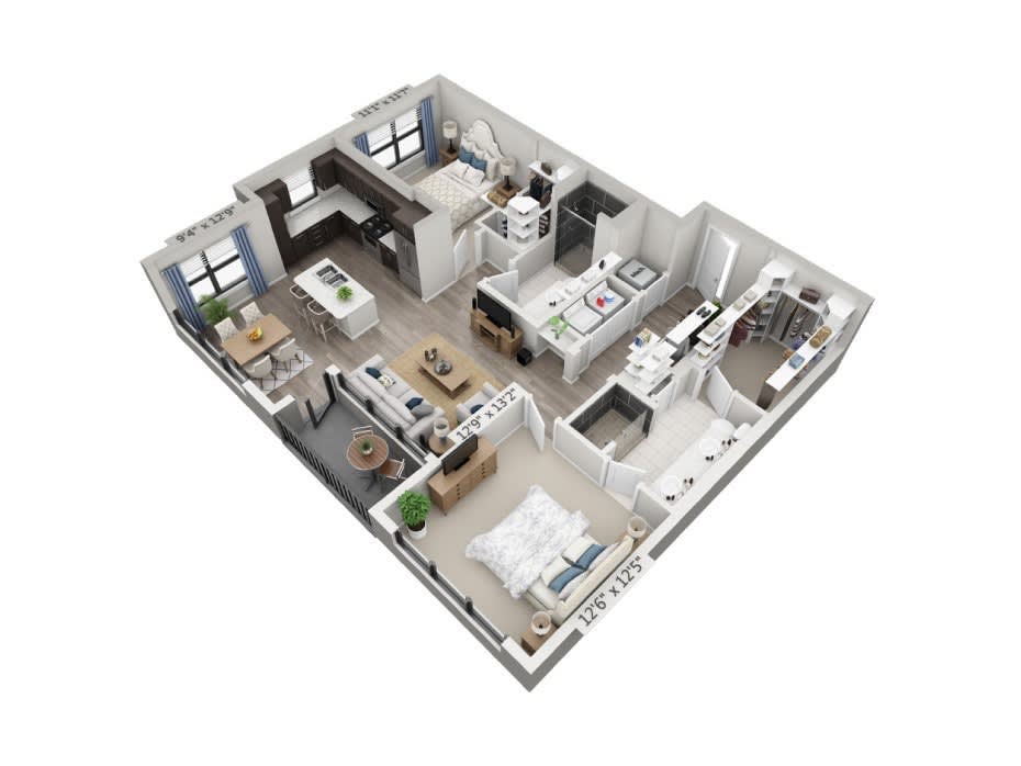 A 3D floor plan of a modern one-bedroom apartment featuring an open living area, kitchen, and bathroom.