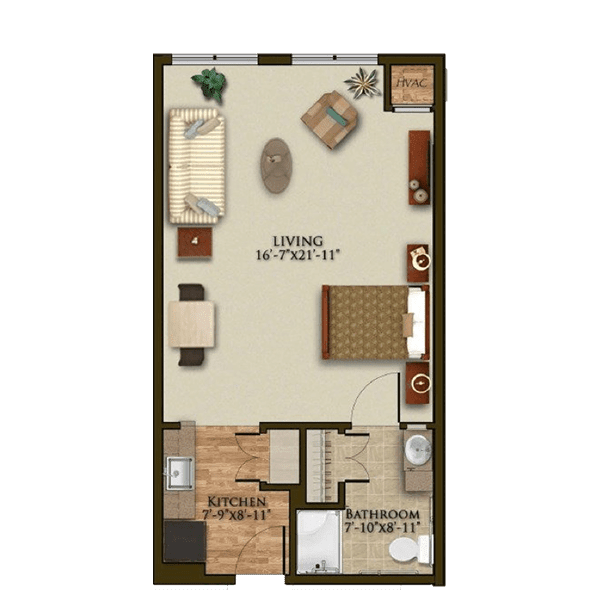 A floor plan of a studio apartment featuring a combined living and sleeping area, kitchen, and bathroom.