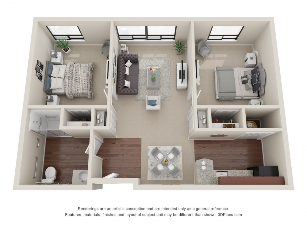 A 3D floor plan of a modern two-bedroom apartment with an open living and dining area.