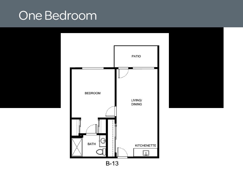 One bedroom apartment floor plan with a living room, kitchen, and bathroom.