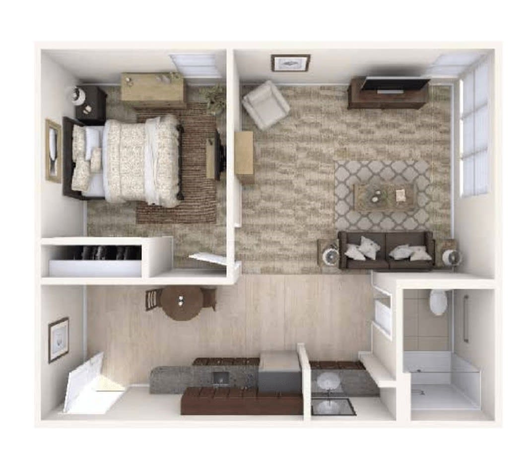 A top-down view of a small apartment layout featuring a bedroom, living room, kitchen, and bathroom.