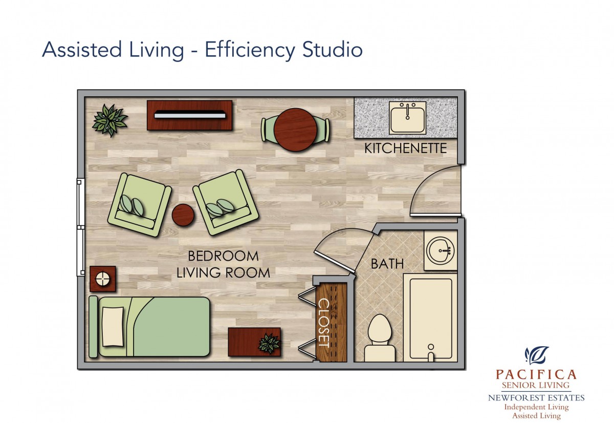 Floor plan of an efficiency studio in assisted living.