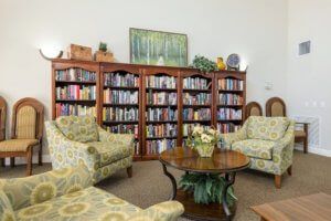 A cozy living room with bookshelves and comfortable seating.