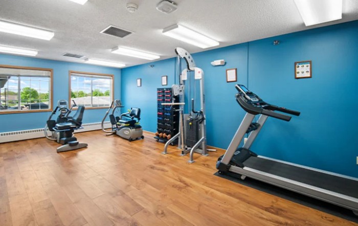 A modern fitness center with various exercise equipment, including a treadmill and elliptical machine, featuring blue walls and wooden flooring.