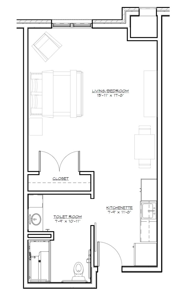 A floor plan showing the layout of a living room, kitchen, and bathroom.