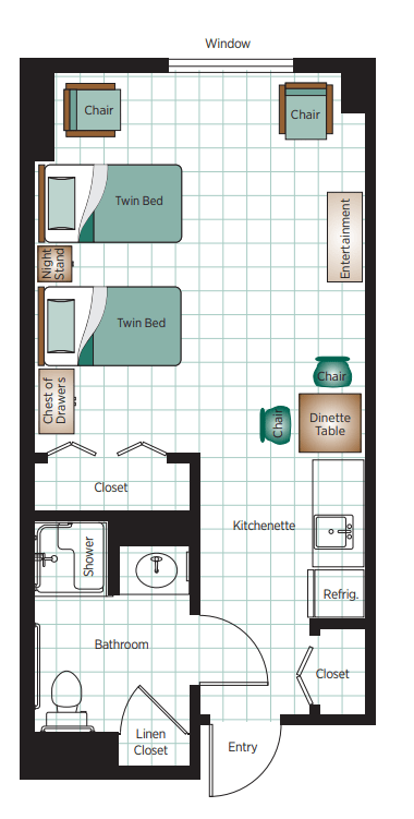 A floor plan featuring a bedroom with twin beds, a closet, desk, dining table, and an attached bathroom.