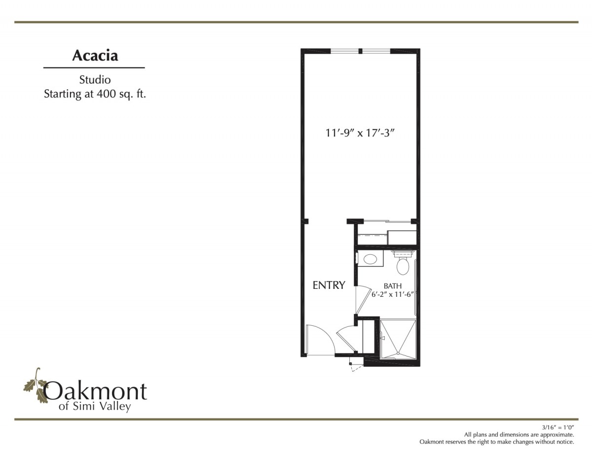 Floor plan of a studio apartment with an open living space and a bathroom.
