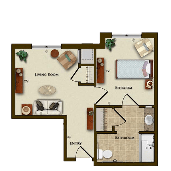 A one-bedroom apartment floor plan featuring a living room, kitchen, and bathroom.