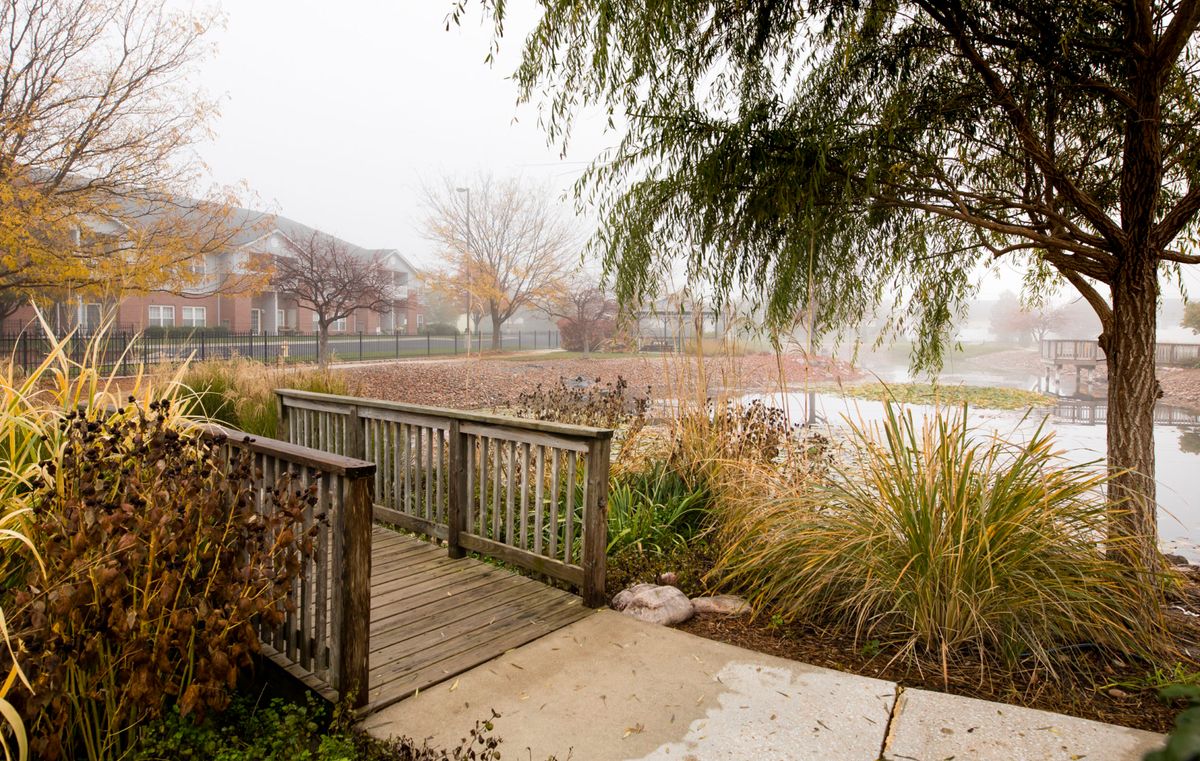 A foggy autumn day by a small wooden bridge overlooking a lake surrounded by colorful trees.