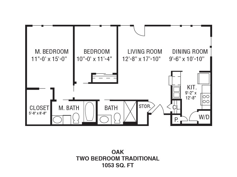 Floor plan of a two-bedroom traditional apartment with labeled rooms.