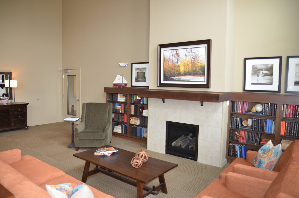 A cozy living room with a fireplace, bookshelves, and comfortable seating.
