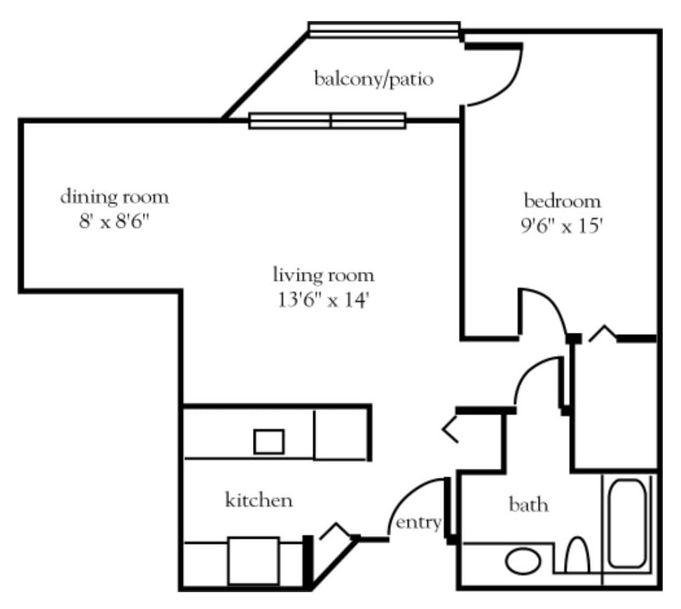 A floor plan of a one-bedroom apartment with labeled living room, kitchen, bathroom, and balcony.