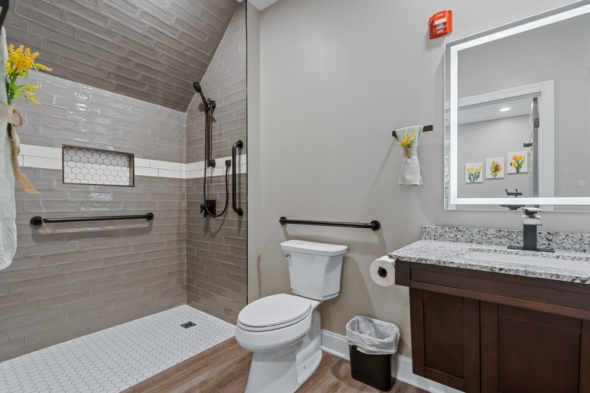 An accessible bathroom featuring a walk-in shower, toilet with grab bars, and a sink with a mirror.