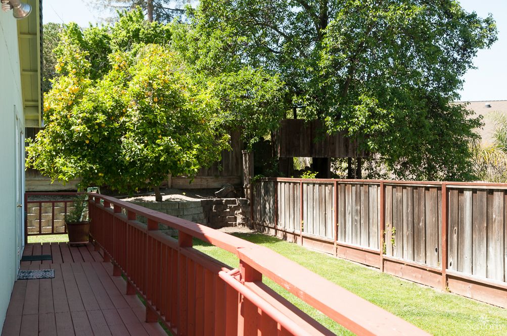 A wooden deck overlooking a fenced yard with lush green trees.