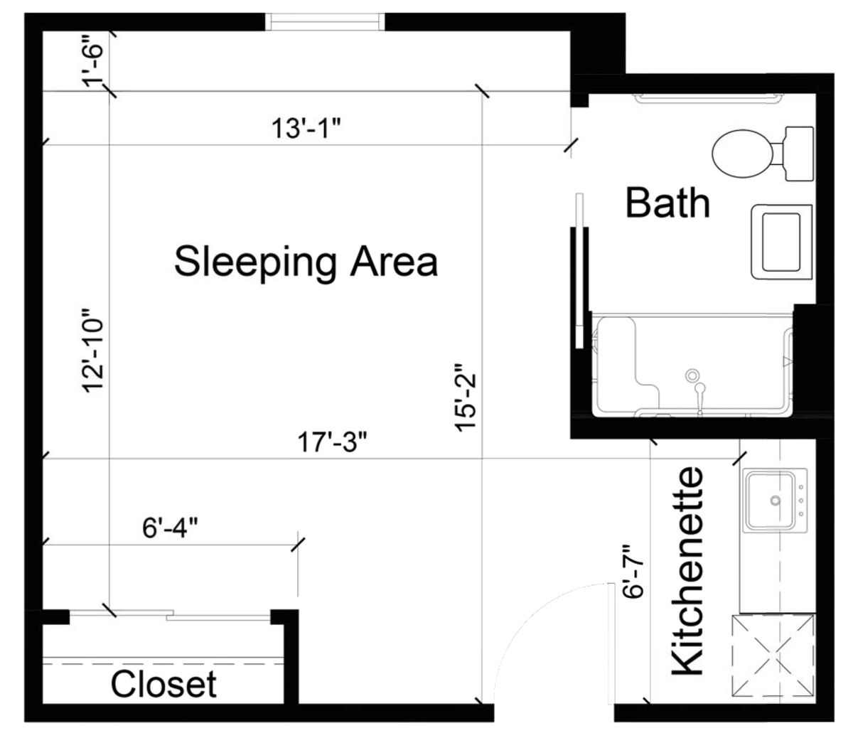 Studio apartment floor plan with a sleeping area, kitchenette, bath, and closet.