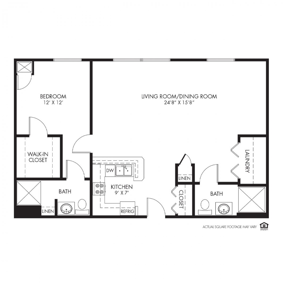Floor plan of a two-bedroom apartment with a living room, kitchen, and bathroom.