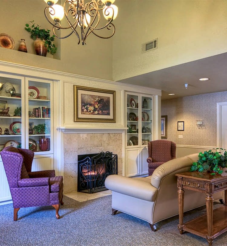 A cozy living room featuring a fireplace, elegant chandelier, and comfortable seating with bookshelves.
