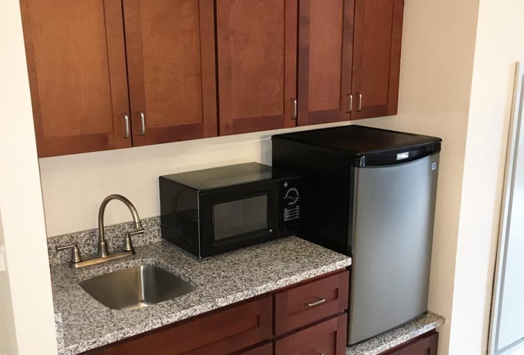 Small kitchen area with wooden cabinets, a microwave, a sink, and a mini fridge.