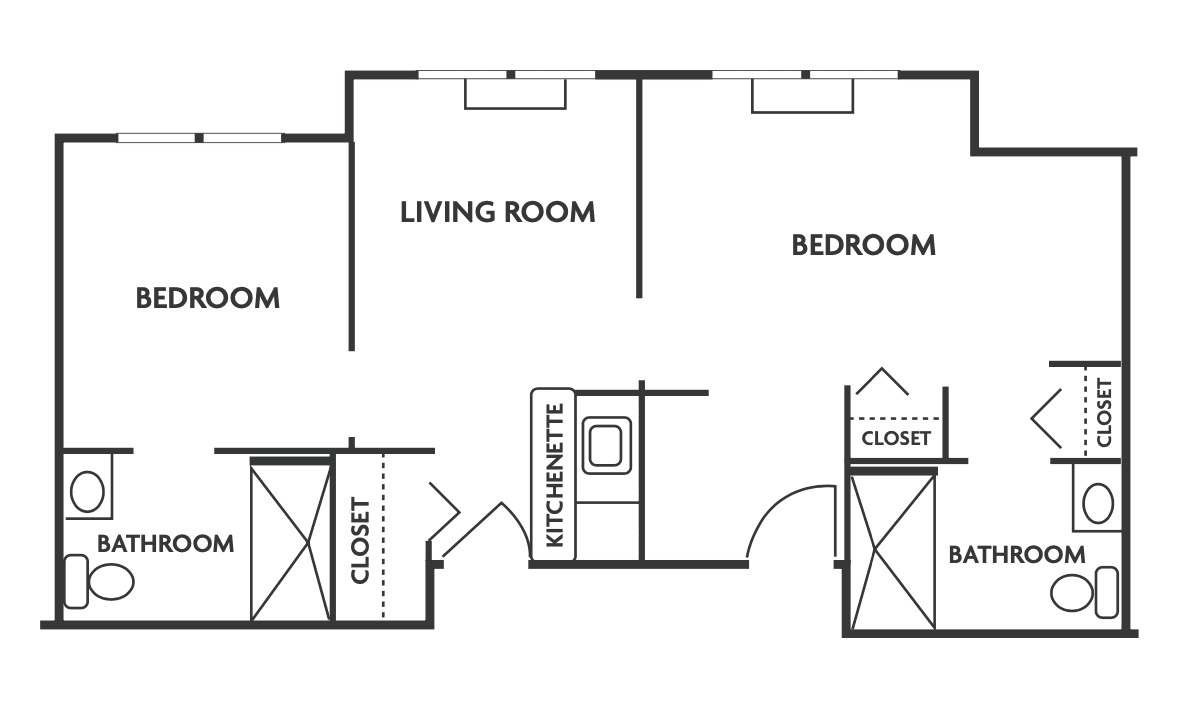 A simple floor plan showing a living room, bedroom, kitchenette, and closets.