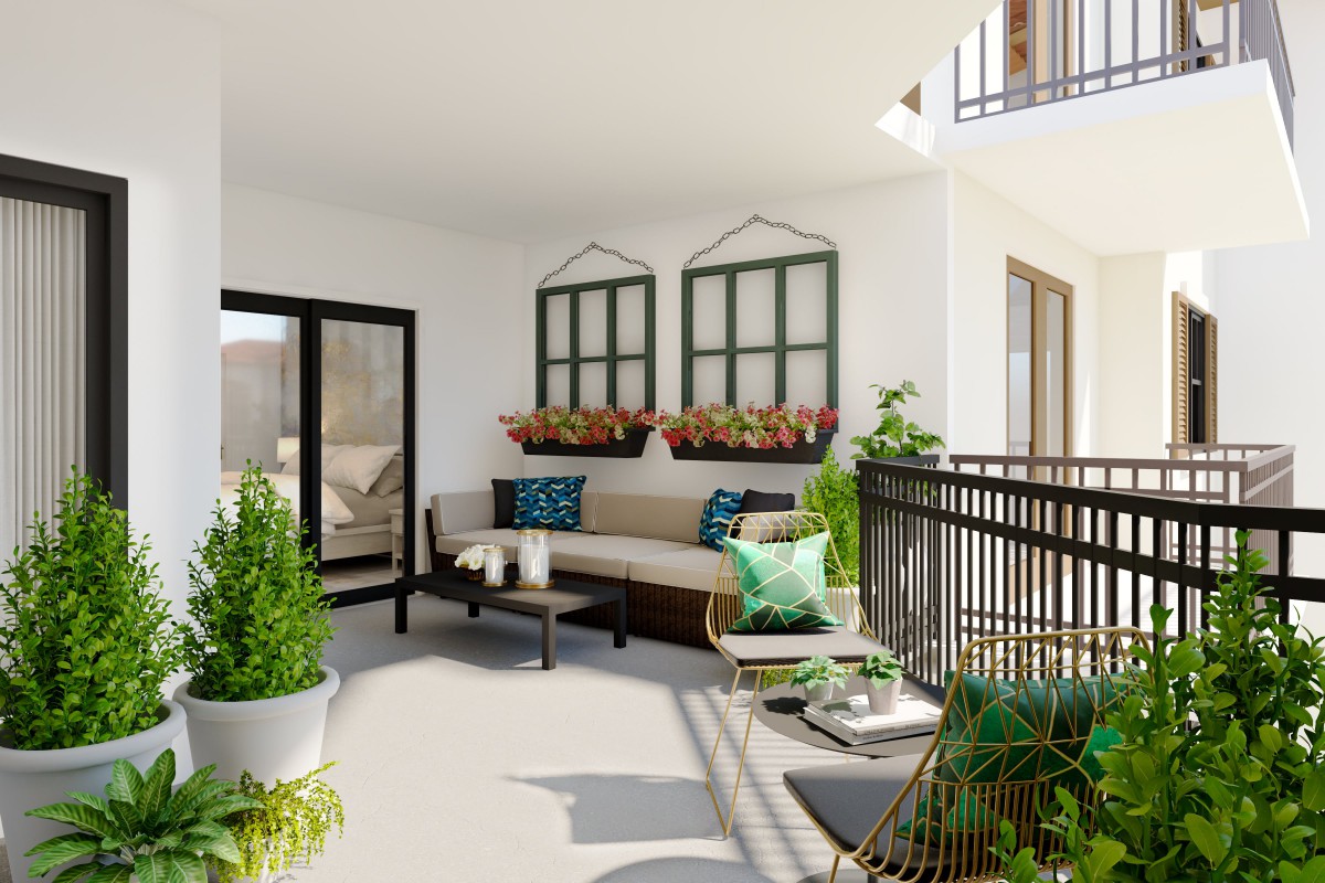 A modern and cozy balcony adorned with comfortable outdoor seating, lush plants, and decorative window elements.