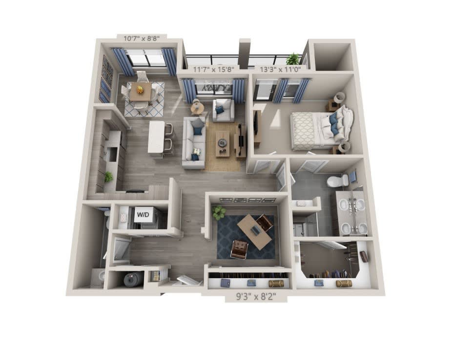 A 3D rendered floor plan of a modern apartment layout, showcasing various rooms and design elements.