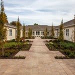 A spacious courtyard with a landscaped pathway flanked by trees leading to a building.