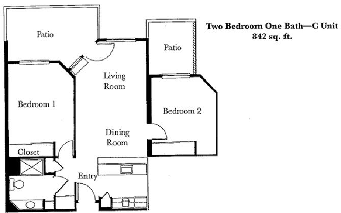 A floor plan of a two-bedroom apartment with living room, dining room, and patio.