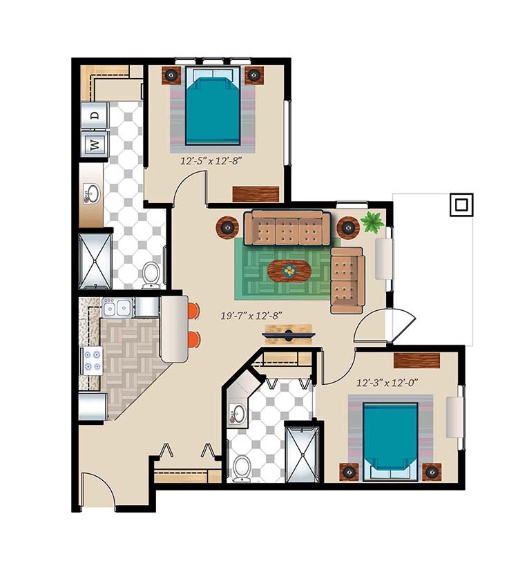 A two-bedroom apartment floor plan with a living room, kitchen, and bathroom.
