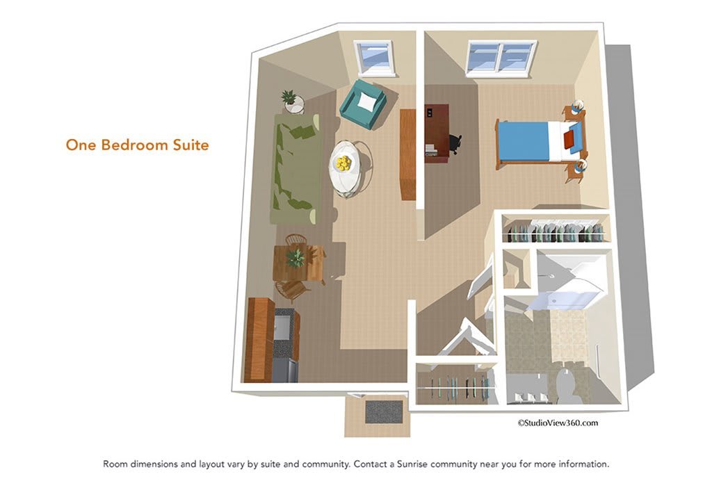 A detailed floor plan of a one-bedroom suite, featuring a living room, bedroom, kitchen, and bathroom.