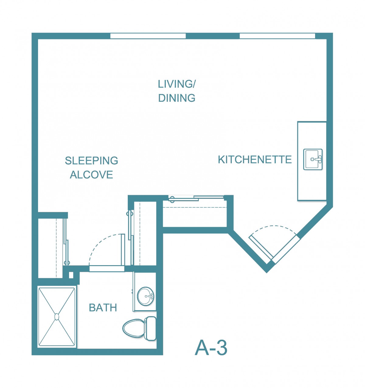 Floor plan of a studio apartment with distinct living, sleeping, and kitchen areas.