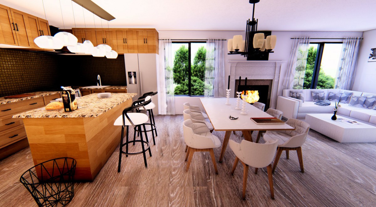 A modern kitchen and dining area featuring an island counter, bar stools, a fireplace, and large windows overlooking greenery.