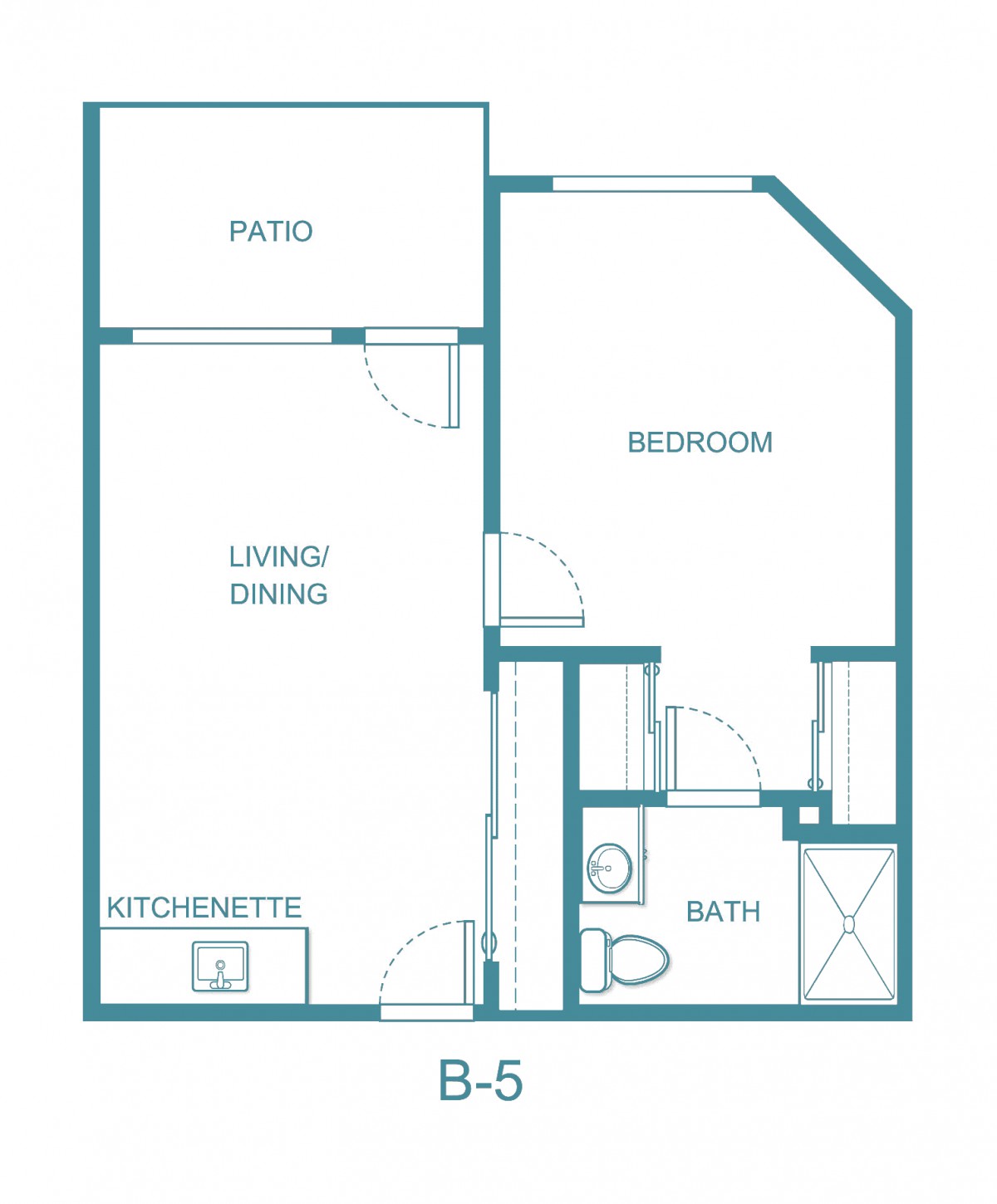 A blueprint of a one-bedroom apartment with a kitchenette, living/dining area, bathroom, bedroom, and patio.