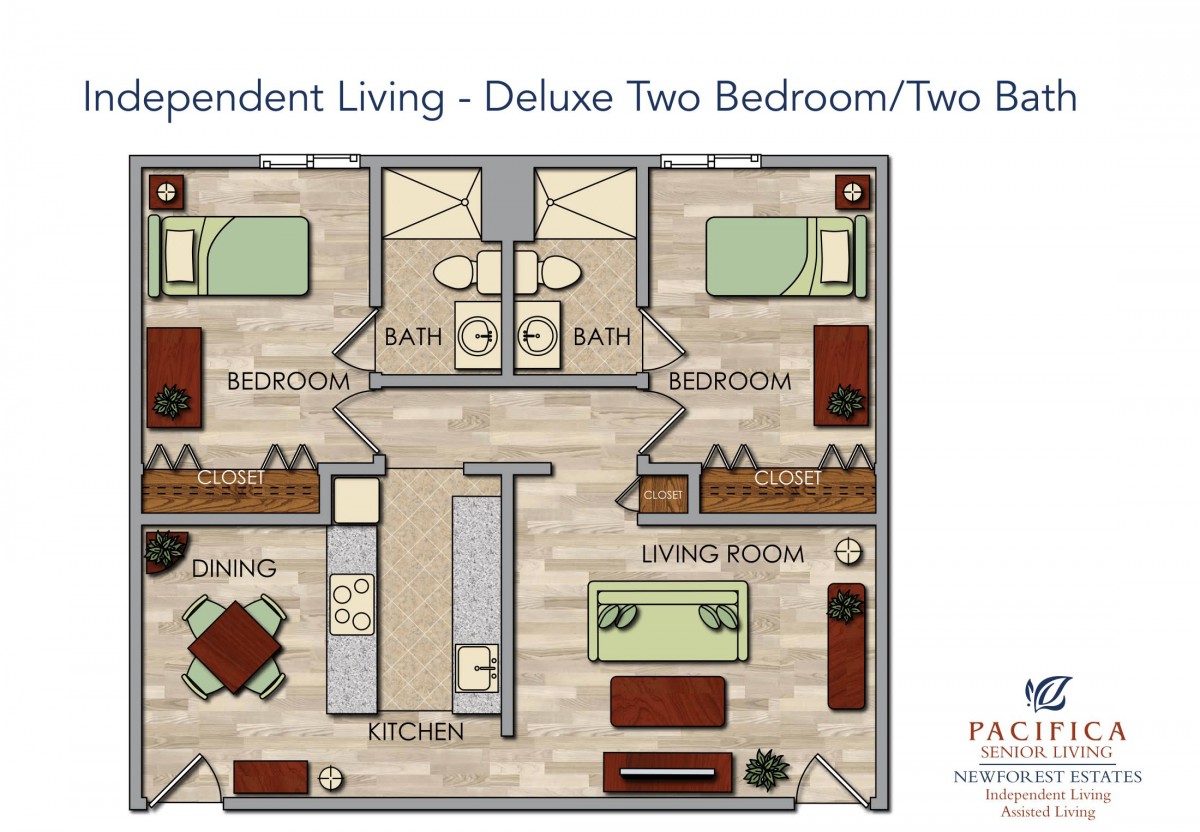 A floor plan of a deluxe two-bedroom, two-bathroom apartment for independent living.