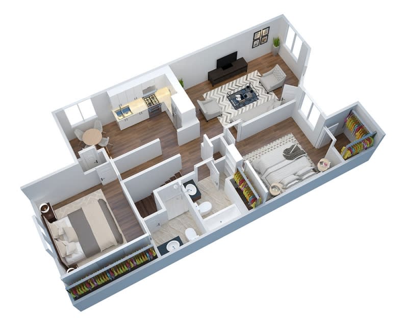 A 3D floor plan showing a detailed layout of an apartment, including bedrooms, bathrooms, a living room, and a kitchen.
