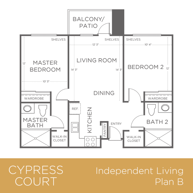 Floor plan of a two-bedroom apartment in Cypress Court, featuring living and dining areas, a kitchen, master bedroom with bath, second bedroom with bath, and a balcony/patio.