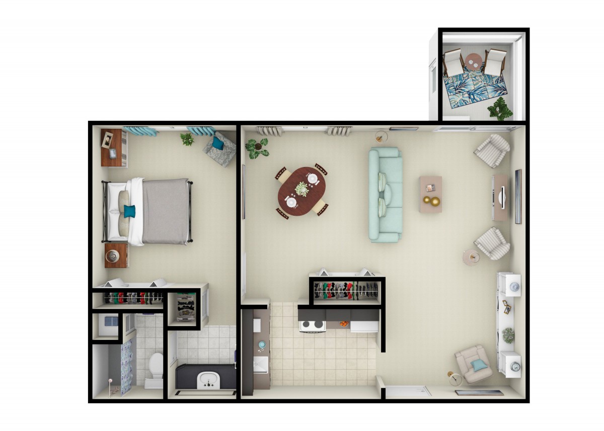 A detailed floor plan of a one-bedroom apartment with designated areas for the living room, kitchen, bedroom, and bathroom.
