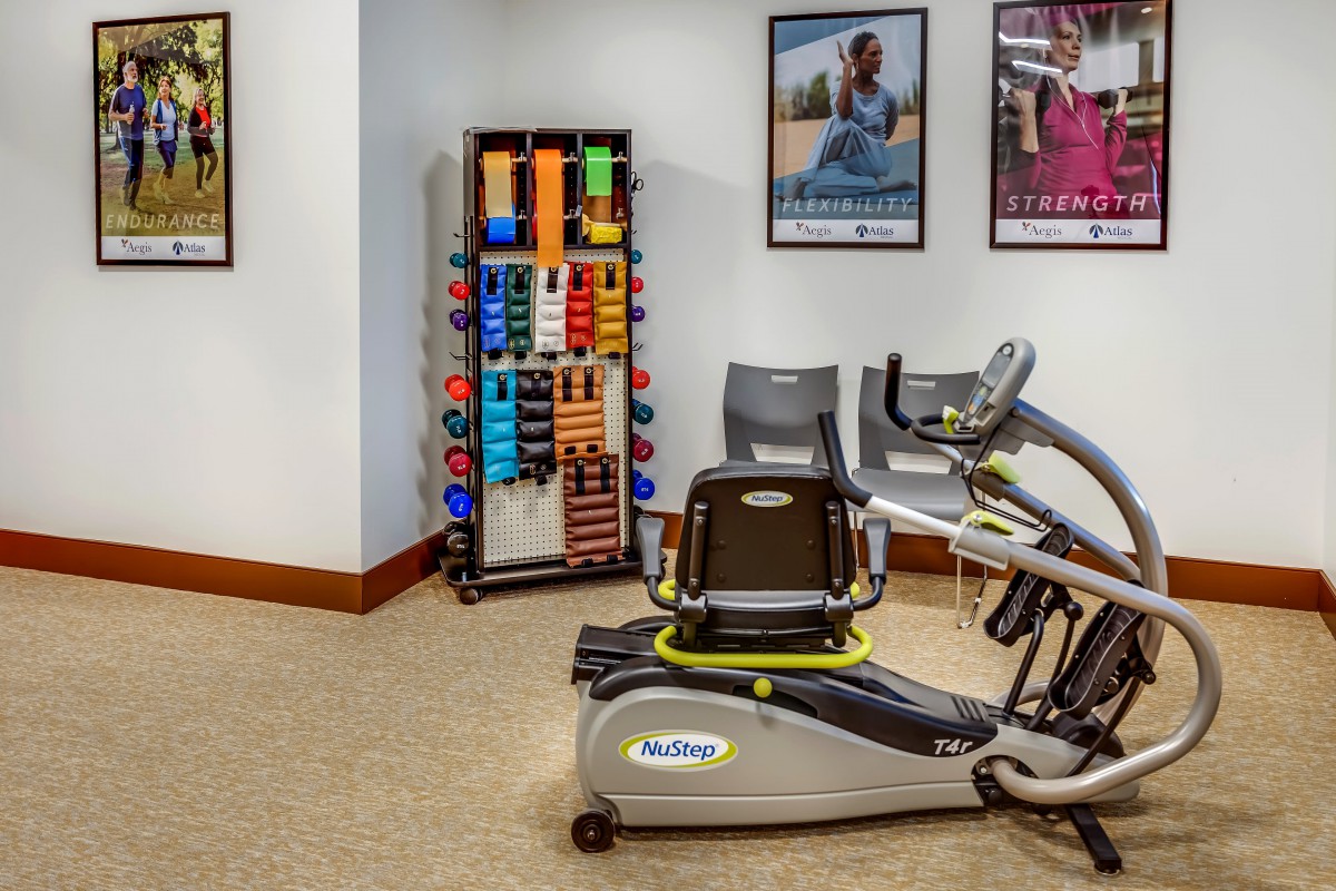 A fitness center with exercise equipment and colorful dumbbells.