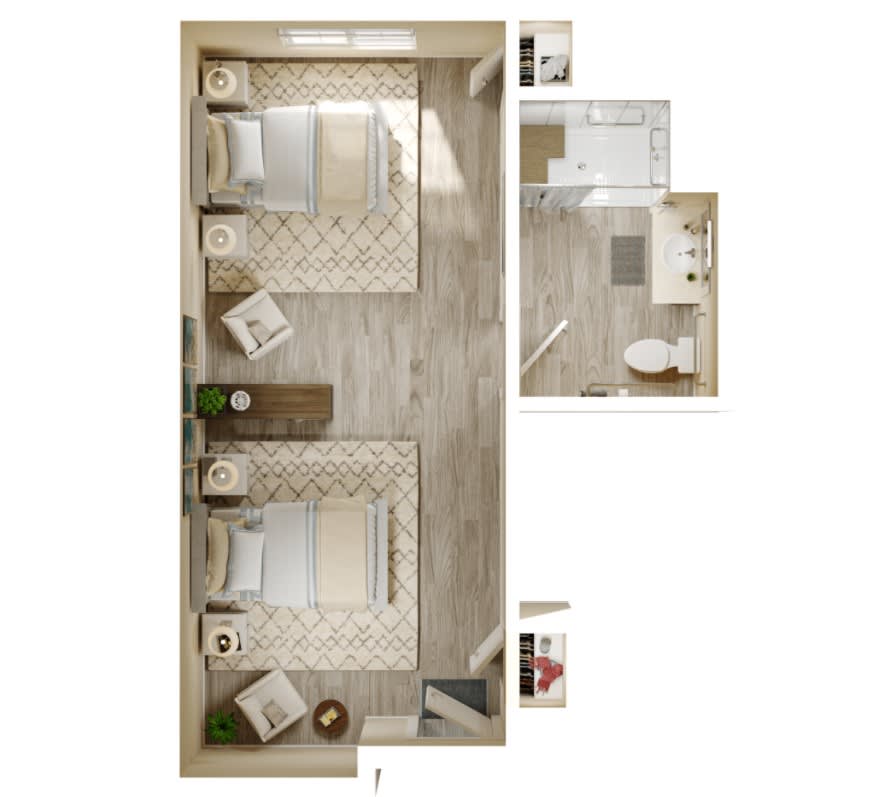 A top-down view of a two-bedroom apartment floor plan with furniture layout.