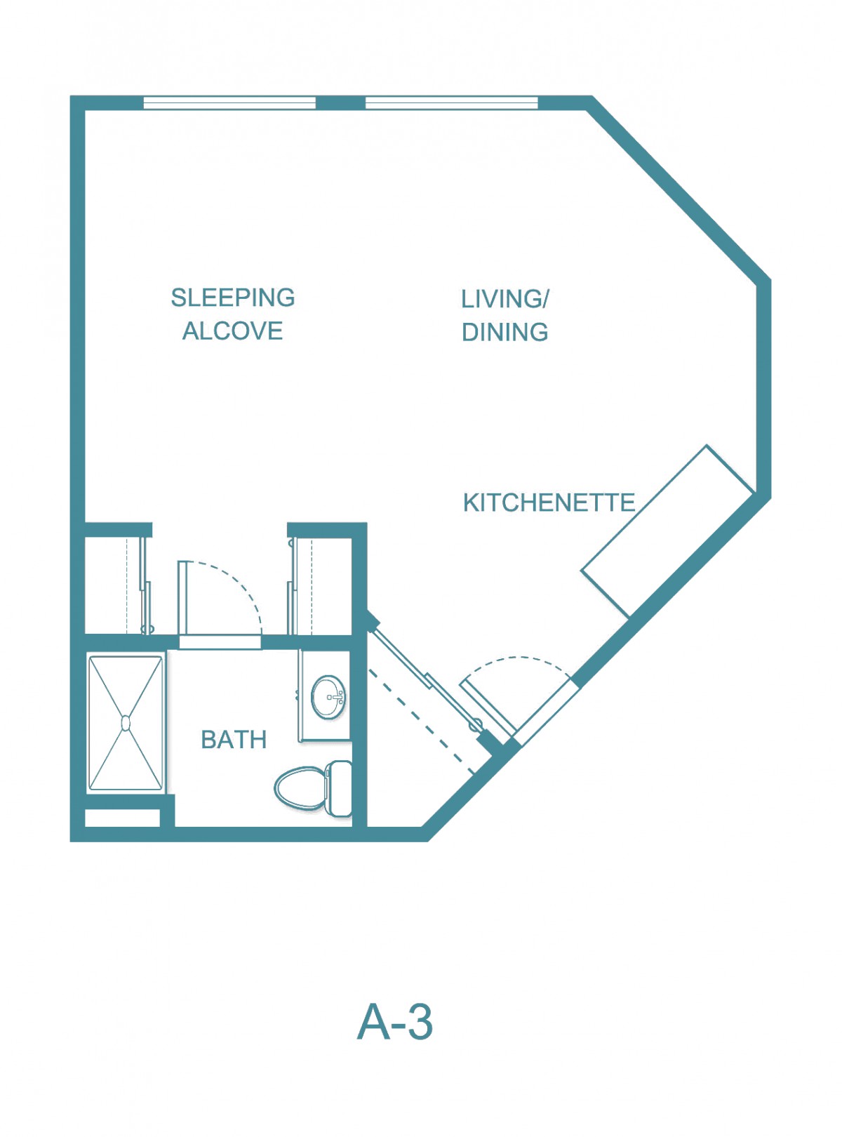 A floor plan layout of a studio apartment featuring a living/dining area, kitchenette, sleeping alcove, and bathroom.