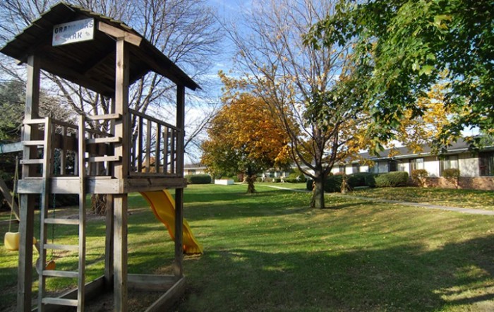 A small playground with a slide surrounded by autumn trees and a grassy area near a house.