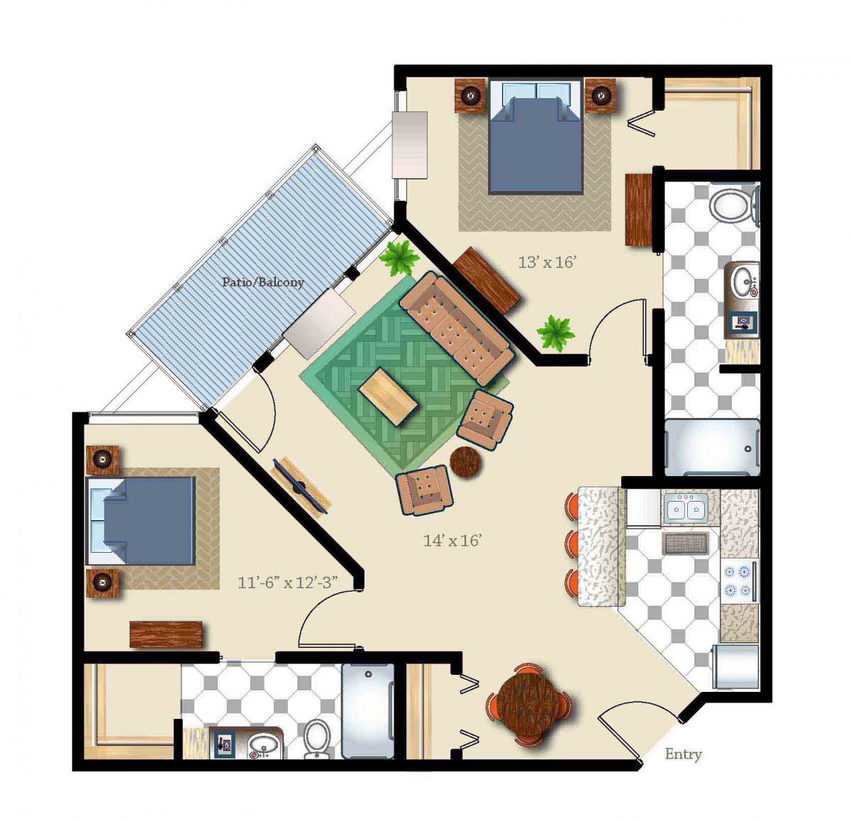 A floor plan of a two-bedroom apartment with a living room, kitchen, bathroom, and balcony.