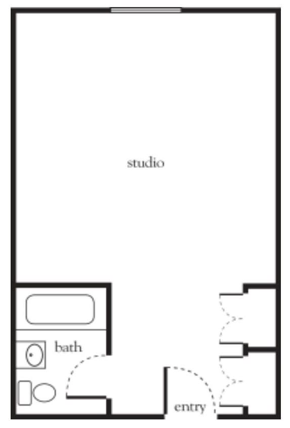 Simple floor plan of a studio apartment with a bathroom.