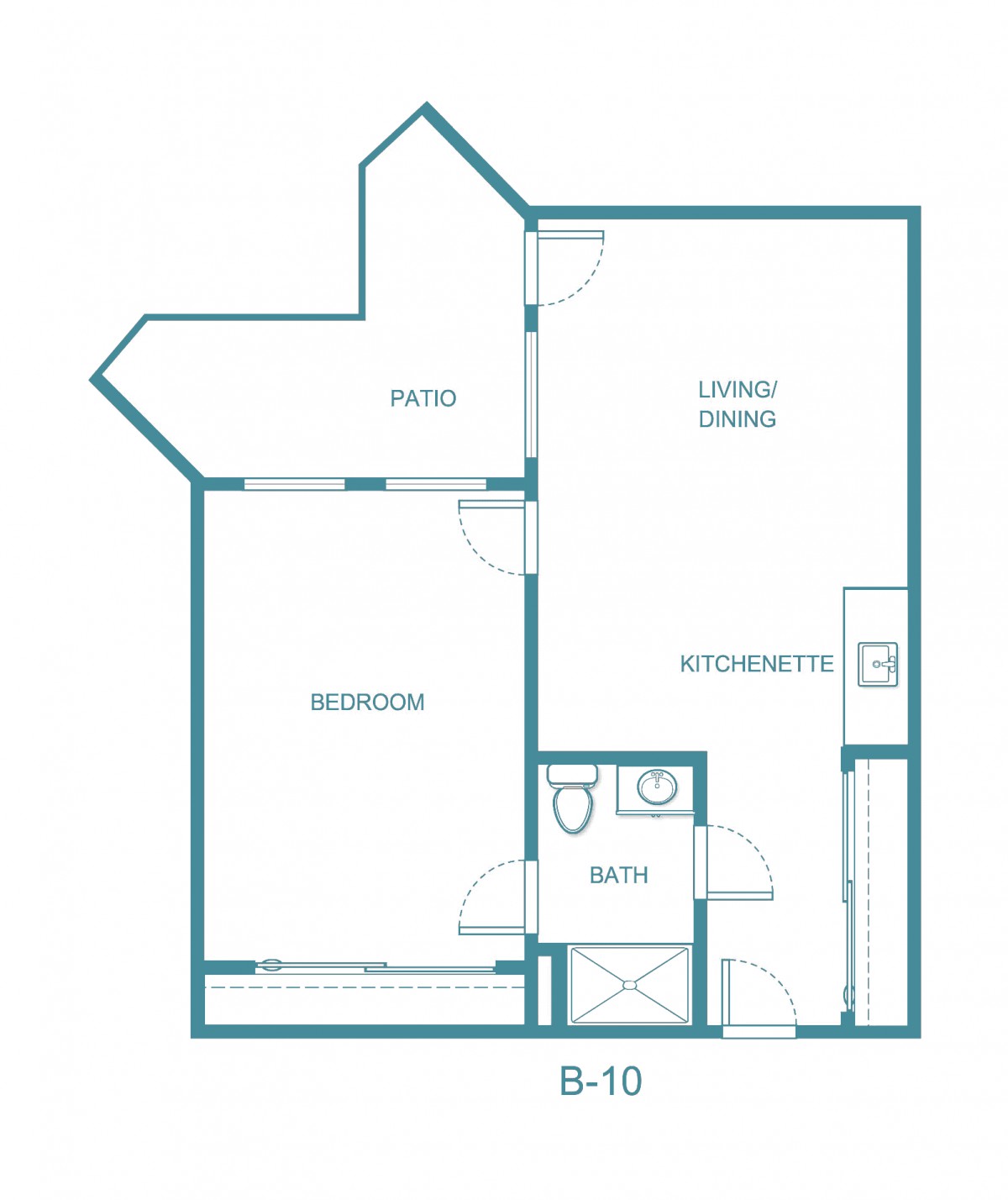 A floor plan of an apartment featuring a bedroom, living/dining area, kitchenette, and bathroom.