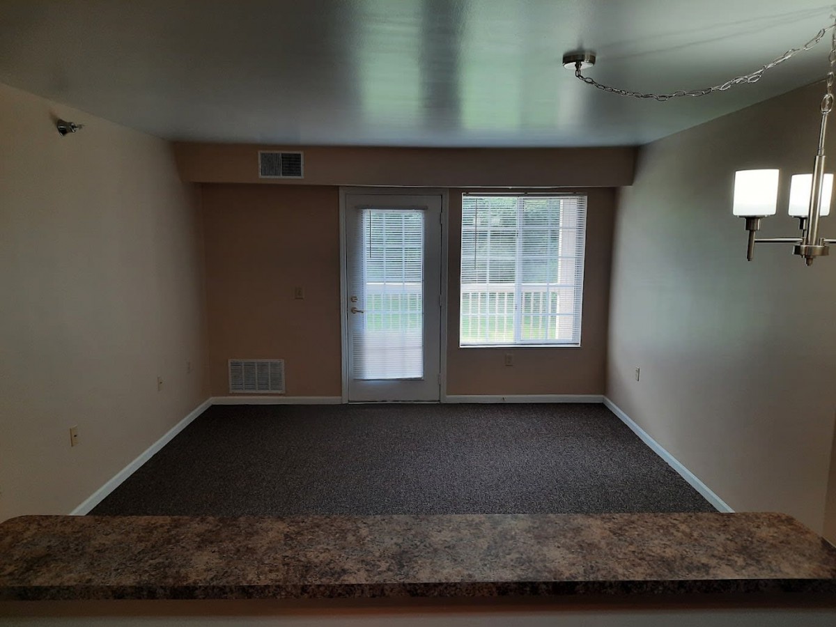 An empty living room with carpet flooring, featuring large windows and doors allowing natural light.