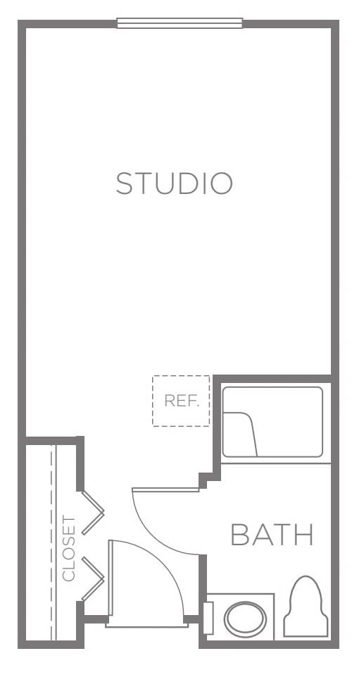Studio apartment floor plan layout.