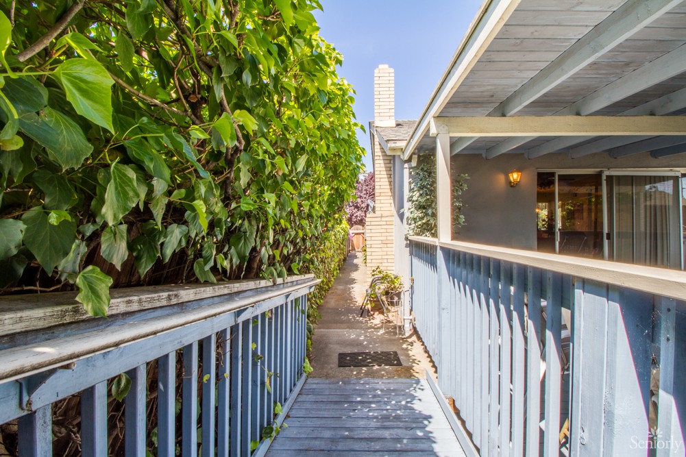 A narrow wooden walkway with blue railings, lined by lush greenery and leading to a house under a clear sky.