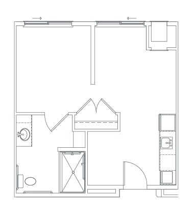 A simple apartment floor plan illustrating the layout of rooms and fixtures.