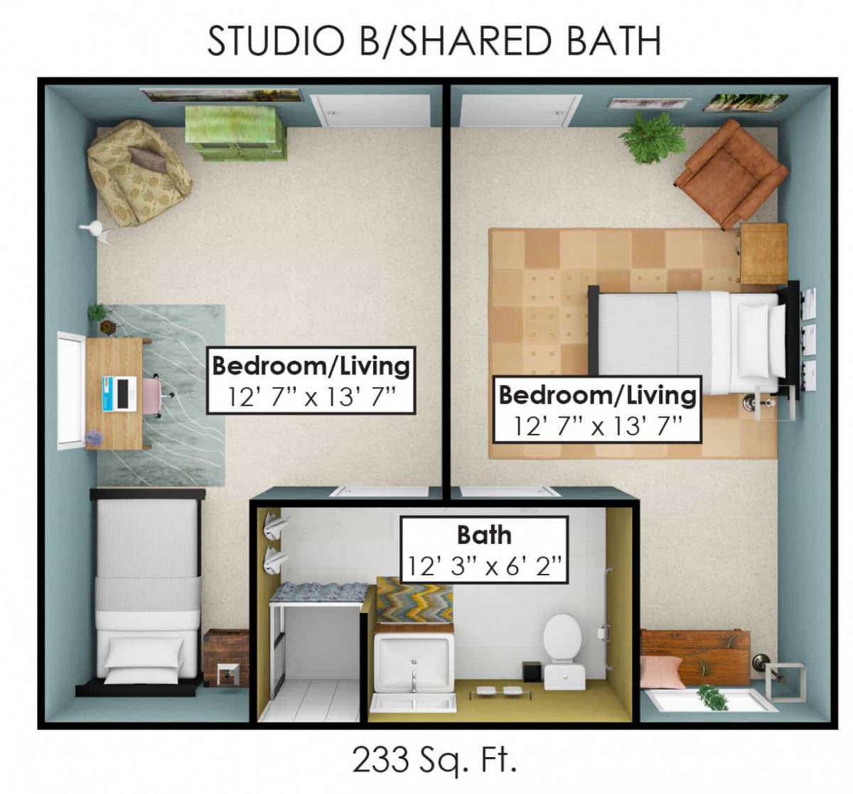Studio B floor plan with shared bath, featuring two bedroom/living areas and a bathroom in a compact 233 sq. ft. layout.
