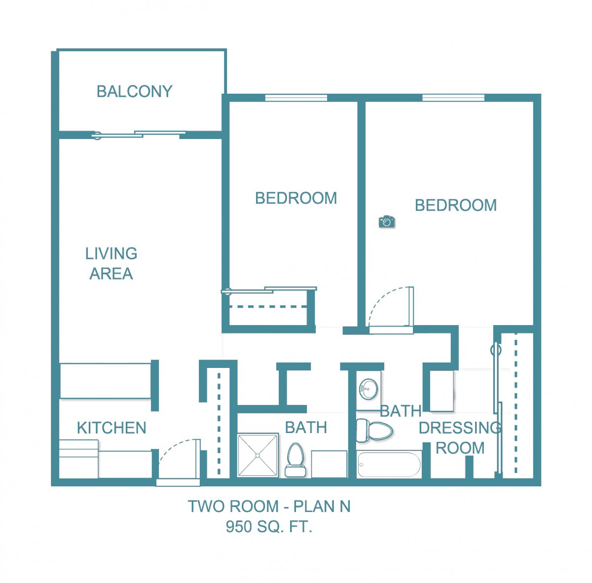 Two-bedroom apartment floor plan with living area, kitchen, and balcony.